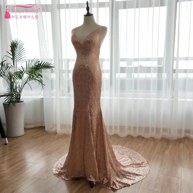 Блестящие BlingBling вечерние платья 2018 розовое золото с пайетками длинное платье для