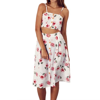 

Summer women suits 2018 fashion backless bandage crop top skirts set High waist knee-length skirts floral print slim femme 2pcs