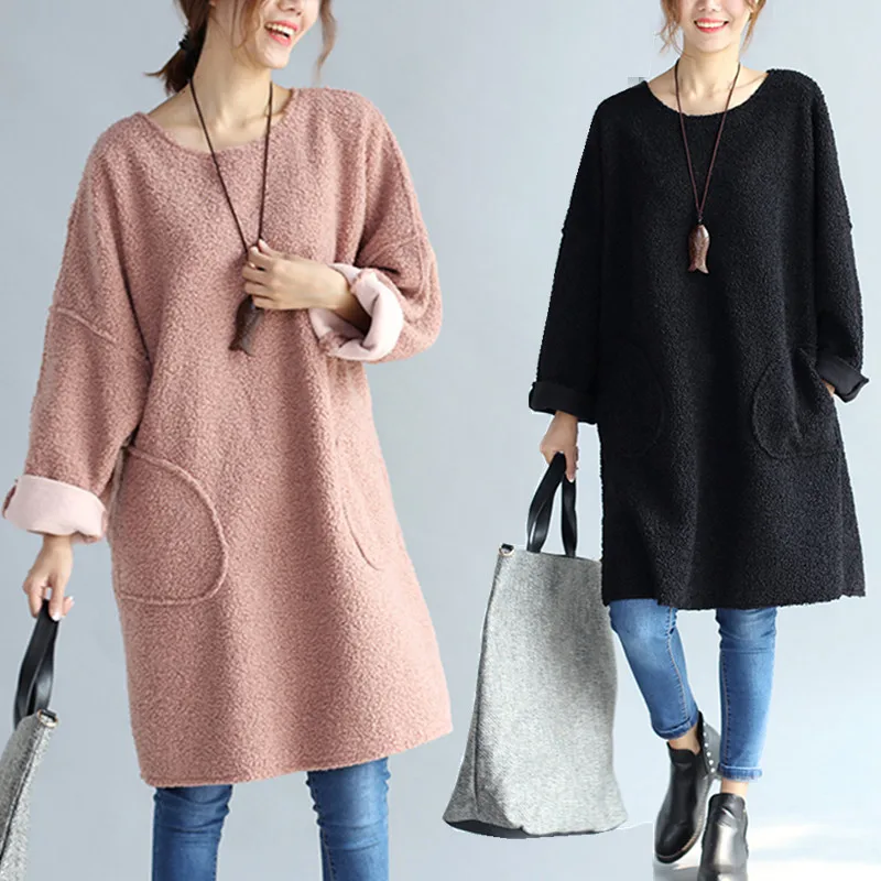 

BIG SIZE 5XL Autumn Winter Women Fashion Elegant Solid Color Fleece Tops Ladies Female Plus Large Long Sleeve Thick Blouse Dress