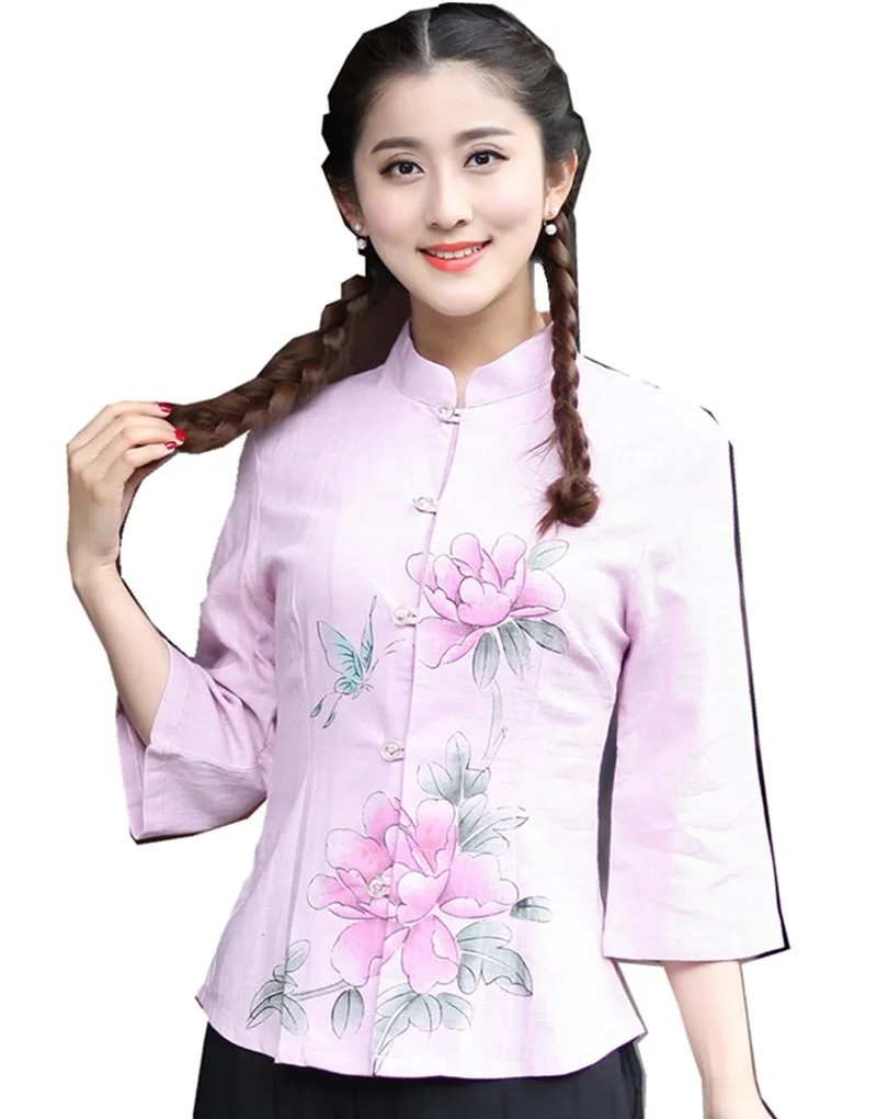 

Shanghai Story New Arrival Mandarin Collar Traditional Chinese Shirt for women Linen Top Floral Print Chinese Blouse 2 color