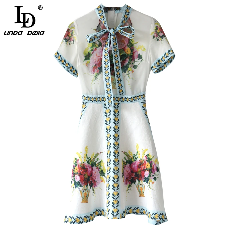 

LD LINDA DELLA New Summer Fashion Dress Women's Short Sleeve Bowknot Floral Printed High Waist Sweet Casual Holiday Mini Dresses