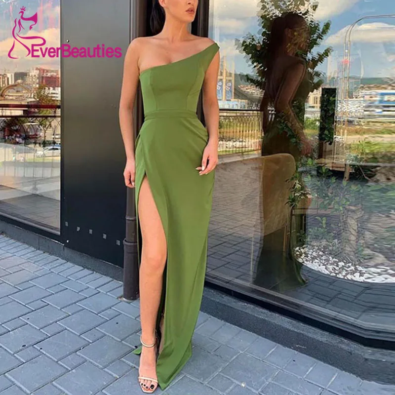 Long Mermaid Evening Dresses Satin One Shoulder Prom Gowns Side Slit Formal Dress Robe De Soiree - Цвет: as picture