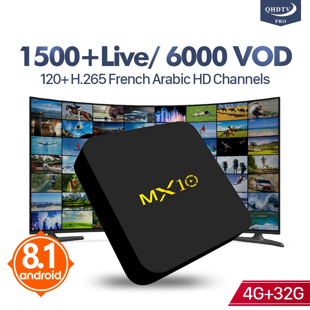 

French Arabic IPTV QHDTV Pro MX10 Android 8.1 4+32G RK3328 Italy Morocco Belgium Netherlands 1 Year IPTV 4K H.265 Decoder IP TV