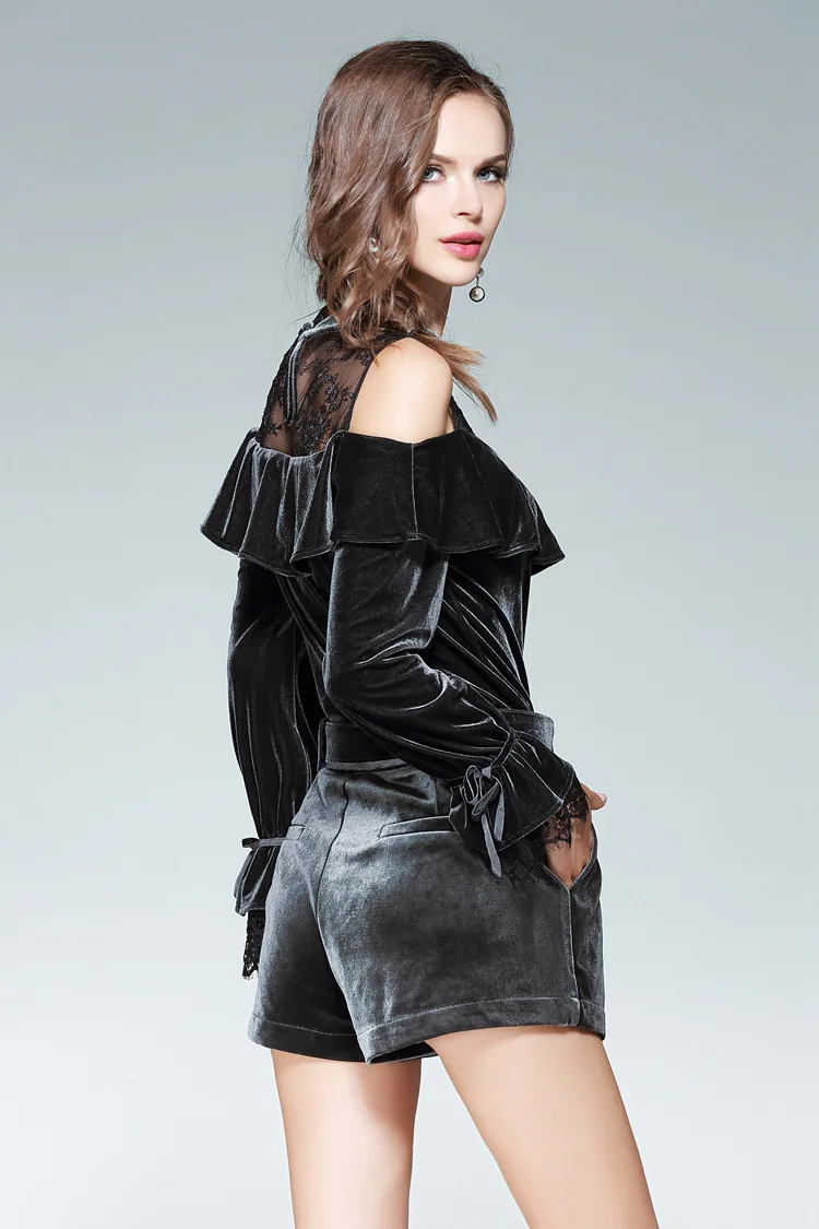 Lace Patchwork Off-Shoulder Ruffle Velvet Blouse Croptop and A-line Short Pants Suit Women 4