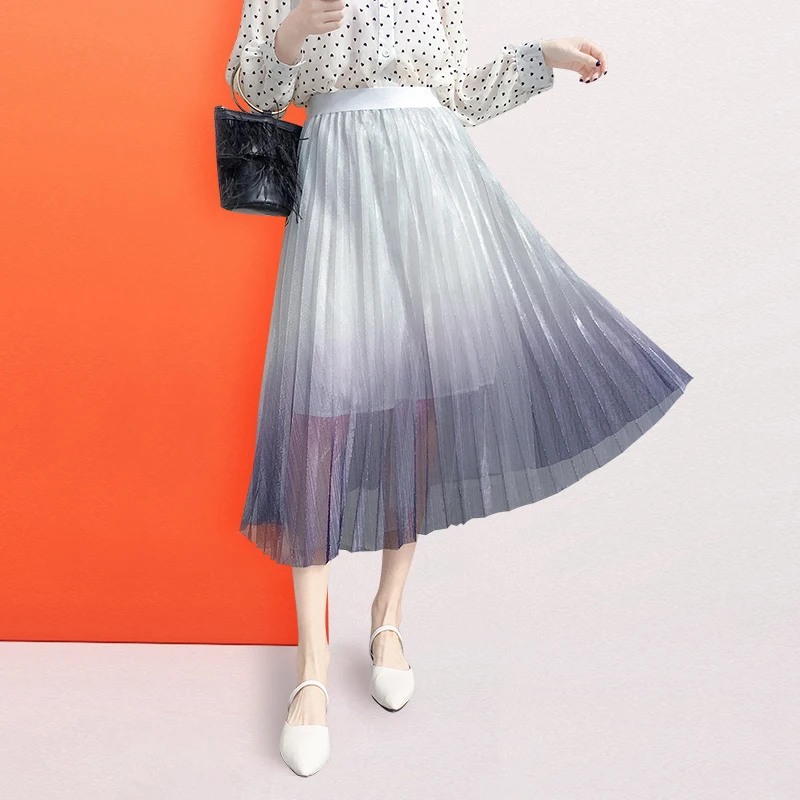 Длинная юбка в пол из тюля плиссированная юбка градиентная летняя Светоотражающая макси юбка с высокой талией плиссированные длинные юбки из сетки для женщин Новинка