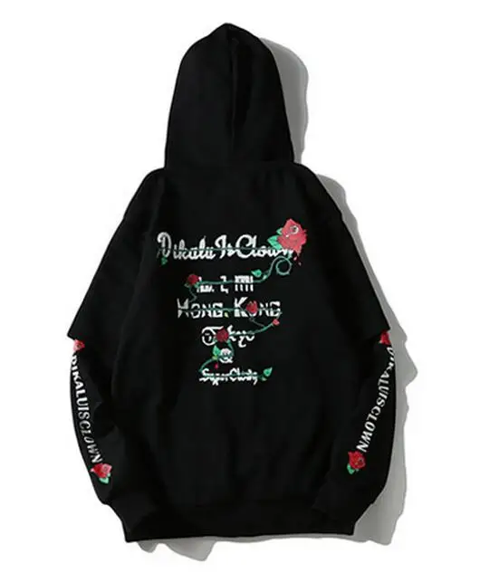 Harajuku Japanese Hoodie Men Zipper Sweatshirt Floral Rose Female Black Pullover Hoodie Cotton Fake 2 Piece High Street 2018 New
