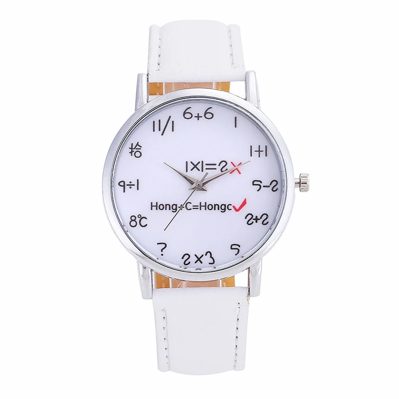 Горячие женские часы Брендовые женские кожаные часы стальной циферблат математическая формула шкала со стрелкой сплошной цвет модные часы - Цвет: white
