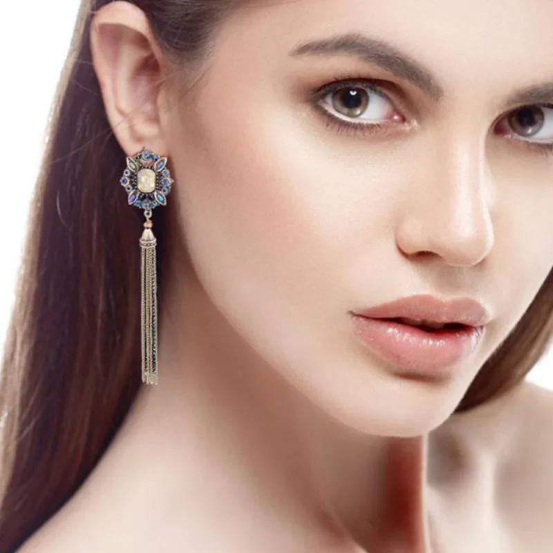 

Onnea Newest Vintage Fringe Long Tassel Earrings Gold Dangle Colorful Crystal Opal Stone Drop Earring Bohemian Boho for Women