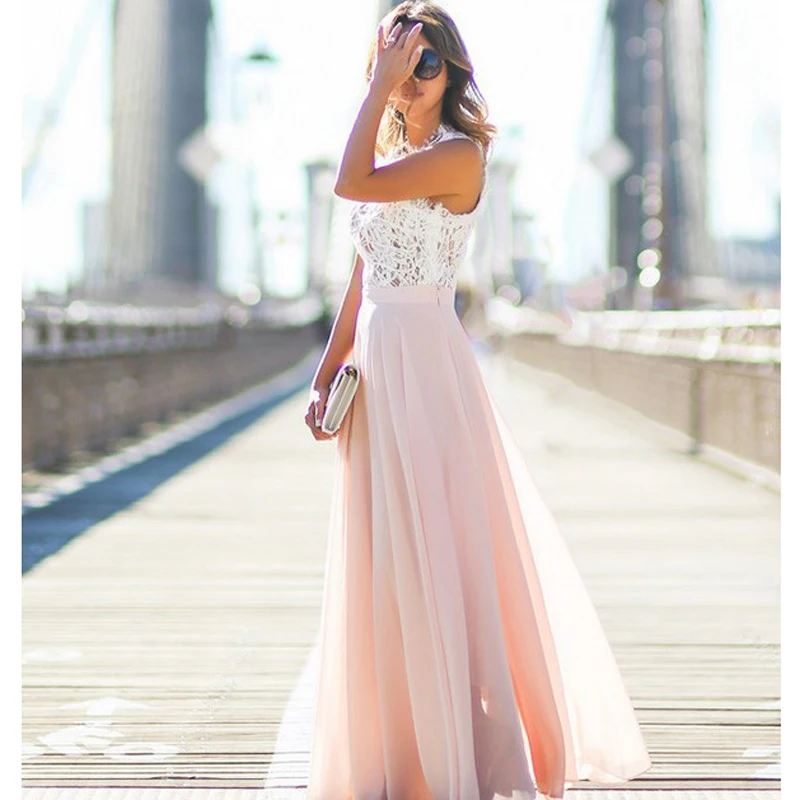 Tanie 2019 letnia nowa koronkowa szyta szyfonowa długa sukienka fashion casual beach dress