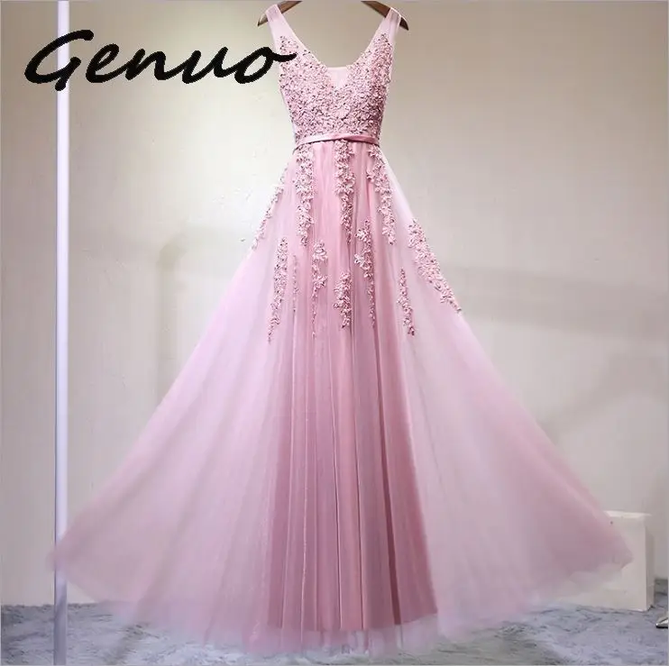 Genuo Новое сексуальное платье с v-образным вырезом Robe De Soiree Высокое качество Серый Тюль с аппликацией платья настоящая фотография vestido de festa - Цвет: Розовый