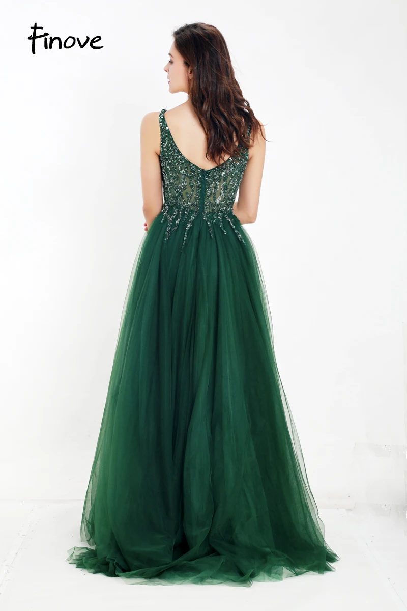 Finove 2020 Prom Dress New Design Sexy Light Illusion Tulle Beading V-Neck Sleeveless Elegant A-Line Long Prom Party Woman Dress
