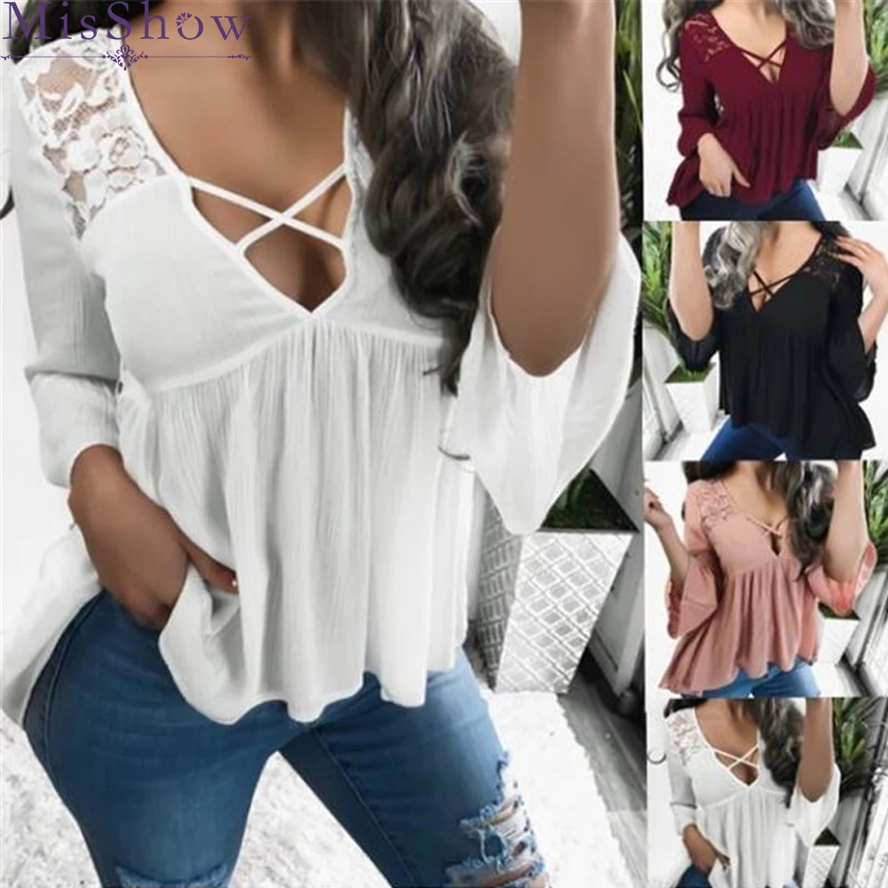 

2019 Retro Blouse Women Balloon Long Sleeve V-Neck Tops Sexy Loose Shirts Blouses Lace Cross Strap Burgundy Solid Flare Sleeve