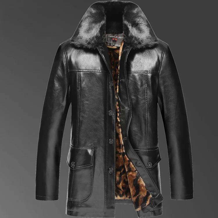 

2017 New arrival winter famous brand mens casual faux leather jackets and coats with big fur collar Plus velvet liner fur one