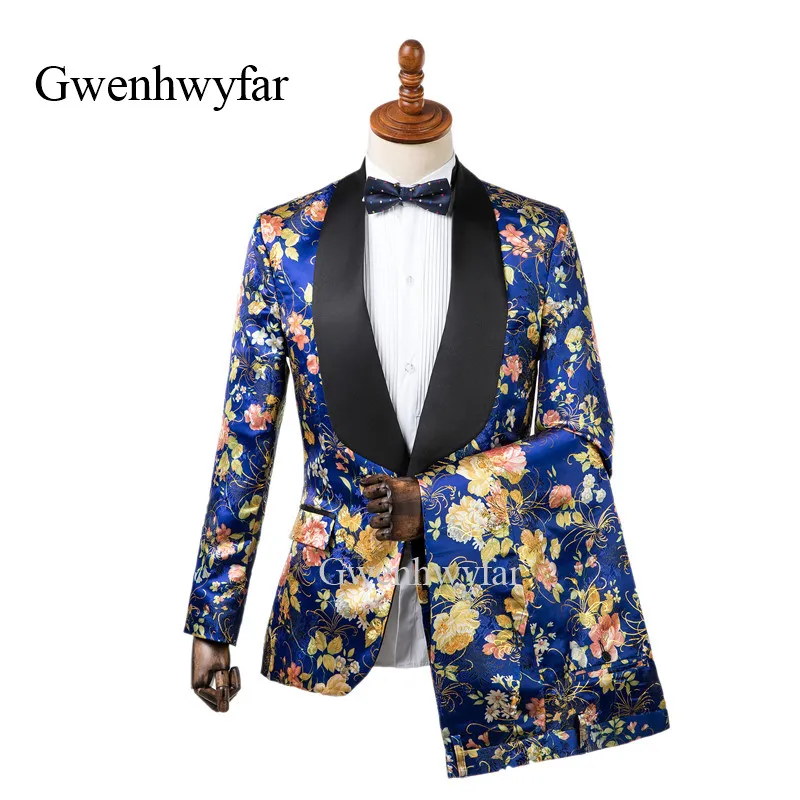 

Gwenhwyfar Luxury Peony Flower Men Suit Royal Blue Groom Tuxedos Shawl White Lapel Men's Wedding Party Suits Blazer With Pants