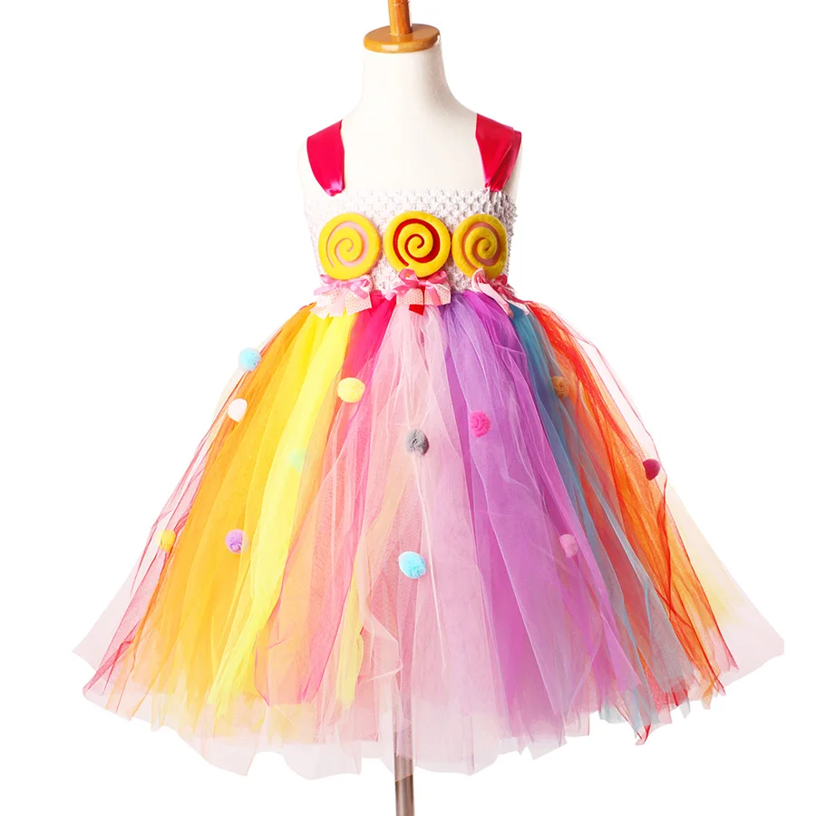 Girls Rainbow Fairy Tutu Dress Sweet Kids Candy Lollipop Dress Children Pom pom Dress for Birthday Outfit Lollipop Gown (5)