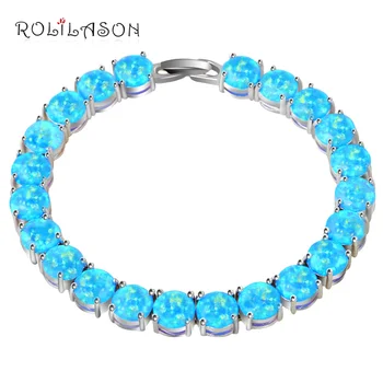 

ROLILASON Brand Design Anniversary Blue Created Opal Silver Stamped Charm Bracelets for Women Precious Fashion Jewelry OBS073