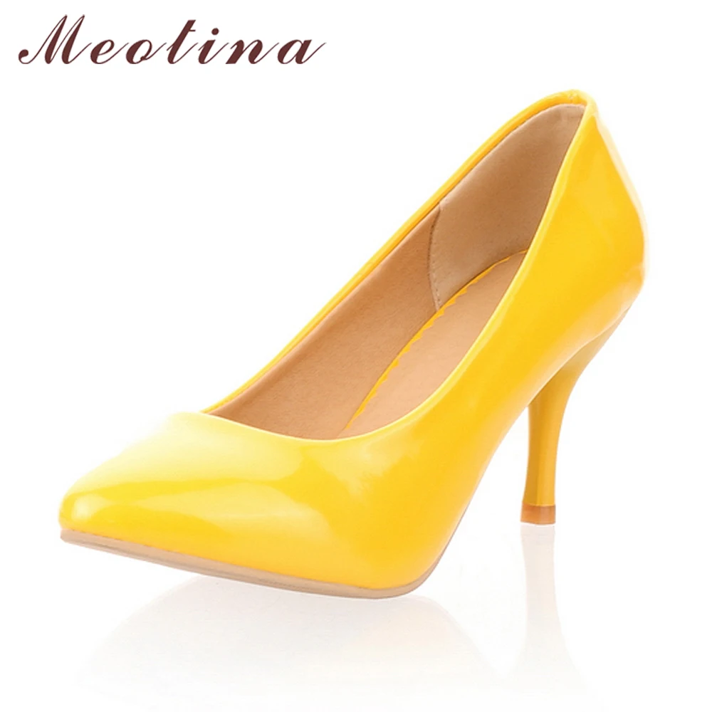 Meotina Women Shoes High Heels Pointed Toe High Heel Shoes Women Pumps White Wedding Heels Footwear Yellow Black Large Size 9 10