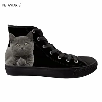 

INSTANTARTS Lovely 3D Middle Finger Cat Print Women Walking Shoes High Top Canvas Shoes Black Lace Up Sneakers Female Sport Shoe