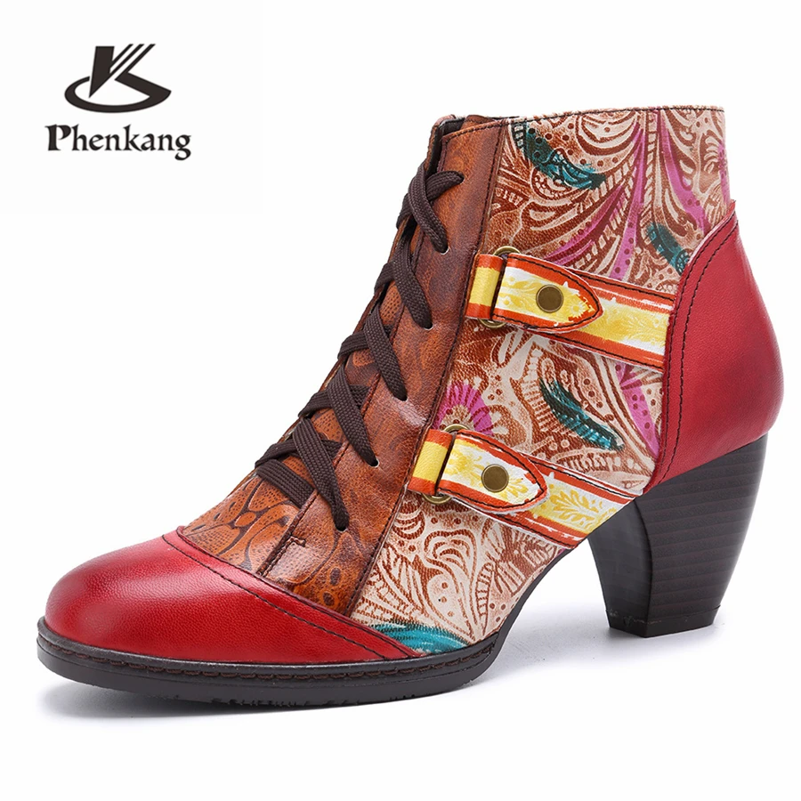 

Women winter Boots Spain Retro Genuine cow Leather Ankle Comfortable quality soft Shoes Brand Designer Handmade red 2019 spring