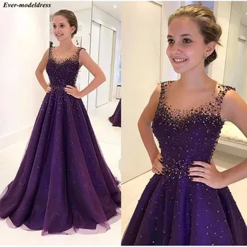 

Purple Prom Dresses 2019 Beaded A-line Floor Length Zipper Back Tulle Long Evening Gowns Formal Party Gowns Plus Size Customize
