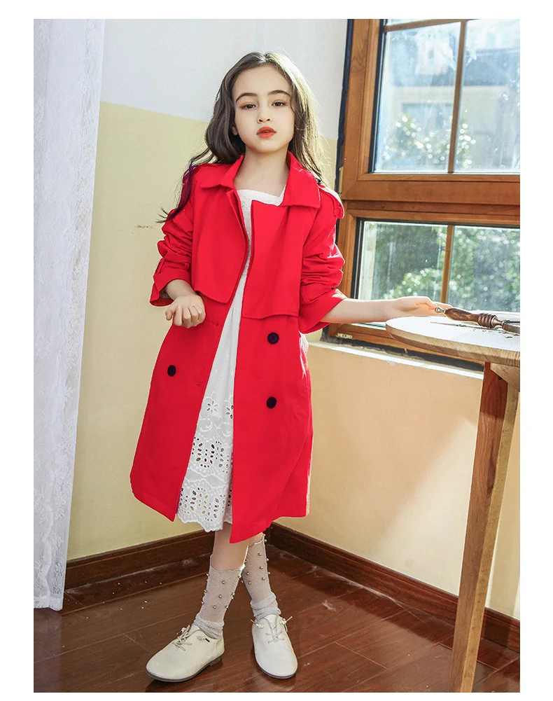 Весенние модные новые куртки для девочек, ветровка, длинный Тренч для маленьких детей, двубортное пальто цвета хаки, красная верхняя одежда с поясом, Y510