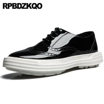 

Wingtip Creepers Winter Lace Up Patent Leather Black Elevator Brogue Platform Round Toe Oxfords Designer Shoes Men High Quality