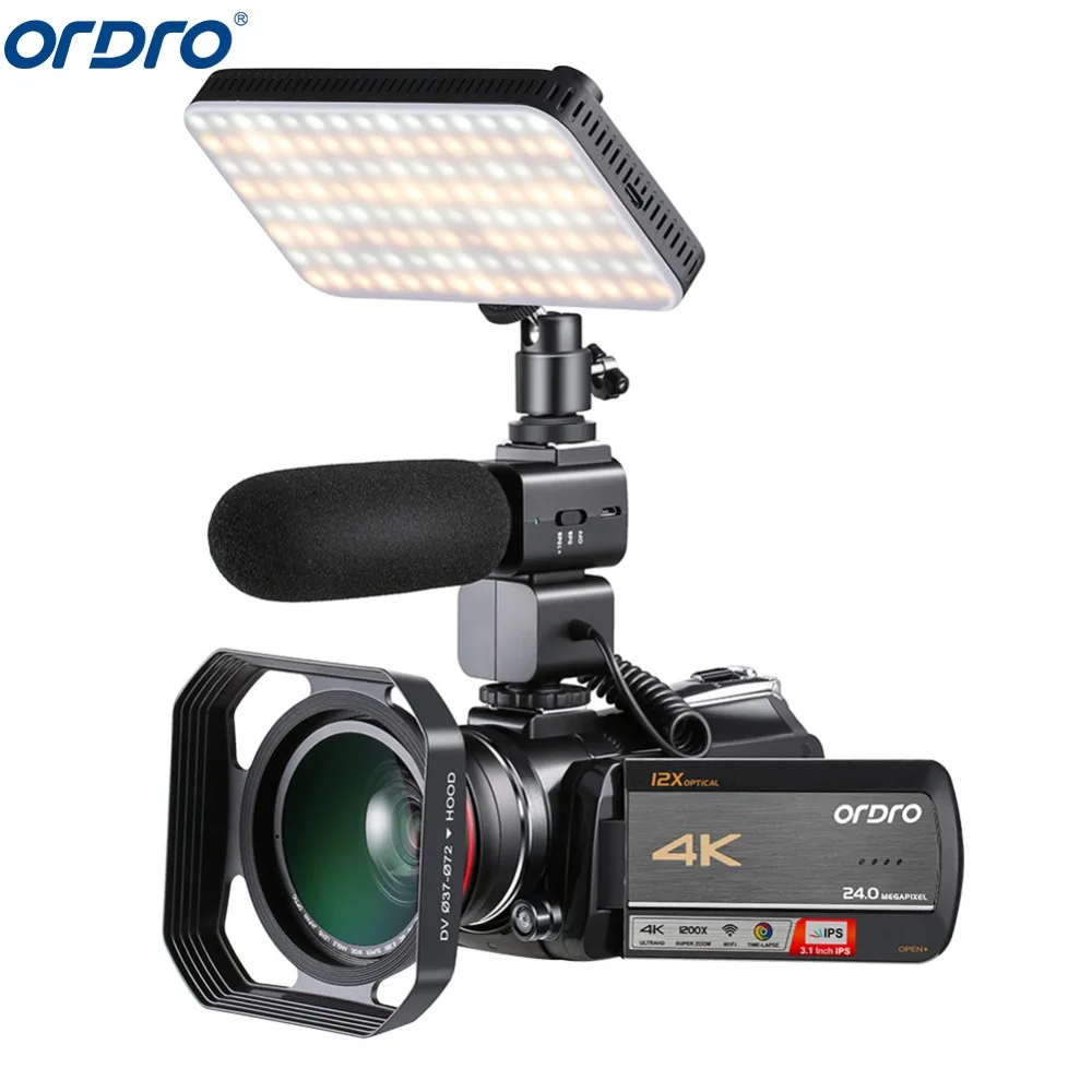 Ordro AC5 4 K 12X Zoom óptico 24MP WiFi IPS pantalla táctil Cámara Digital + lente capucha + de ángulo ancho lente + Micrófono + luz led + portátil