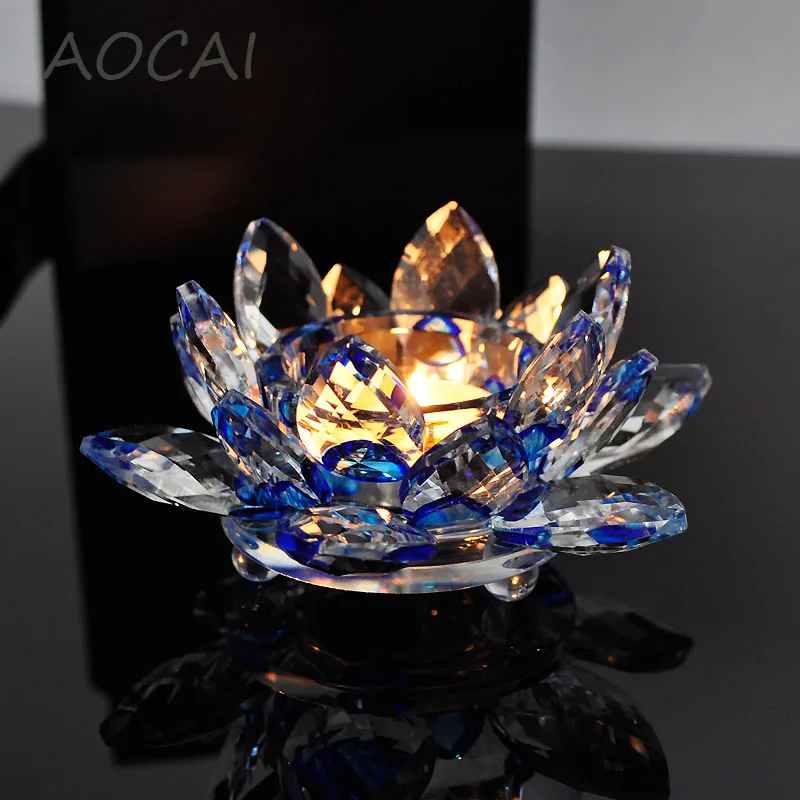 Blue Crystal Glass Lotus Flower Candle Holders wedding columns candelabra centerpieces Holder