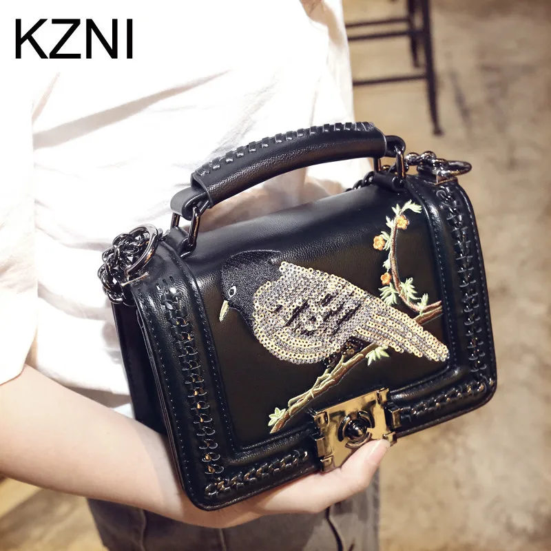 

KZNI Women Leather Shoulder Bag with Chain Embroidery Handbag Genuine Leather Cowhide Clutch Designer Handbags High Quality 1989