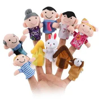 

10 Pcs Cute Cartoon Finger Puppet Set Soft Velvet Dolls Props Toys with 6 People + 2 Animals + 2 Houses