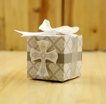 

100pcs first Communion cross candy box Christening baby shower wedding party wrap holders with ribbons