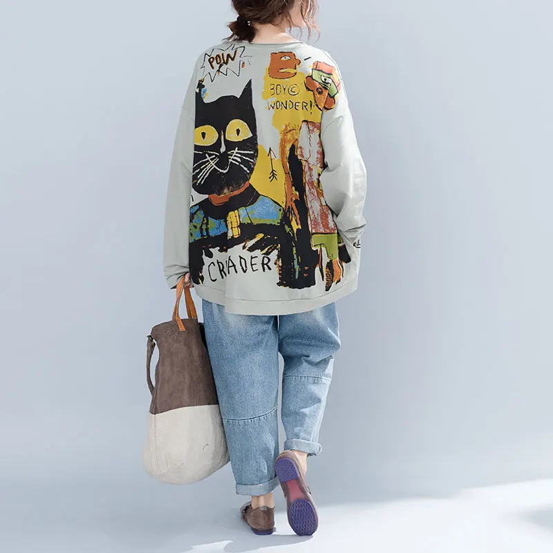  Women Streetwear Kawaii Sweatshirt Cartoon Print Autumn Plus Size Retro Sweatshirts Casual Long Sle