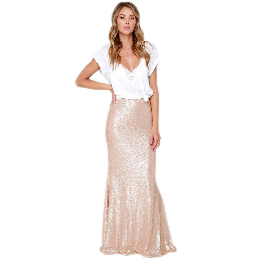 Gold Sequin Mermaid Women Skirts Customized Zipper Waist Floor Length