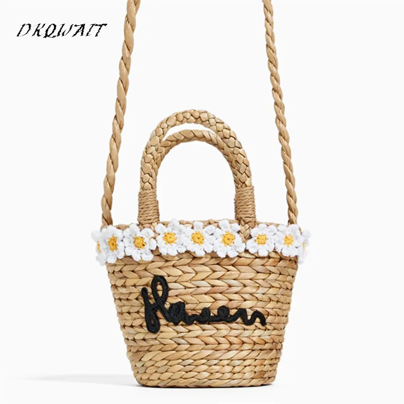 

Japan Style Embroidered flowers Bucket Cylindrical Straw Bags Bow Wheat-straw Woven Women Crossbody Shoulder Tote Bag String