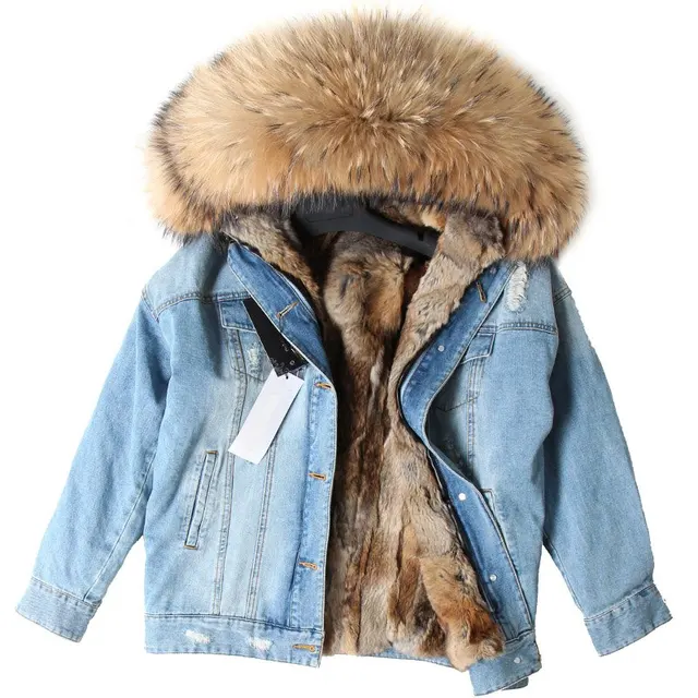Jeans Jacket Women Casual Denim Jackets Long Real Rabbit Fur Parka