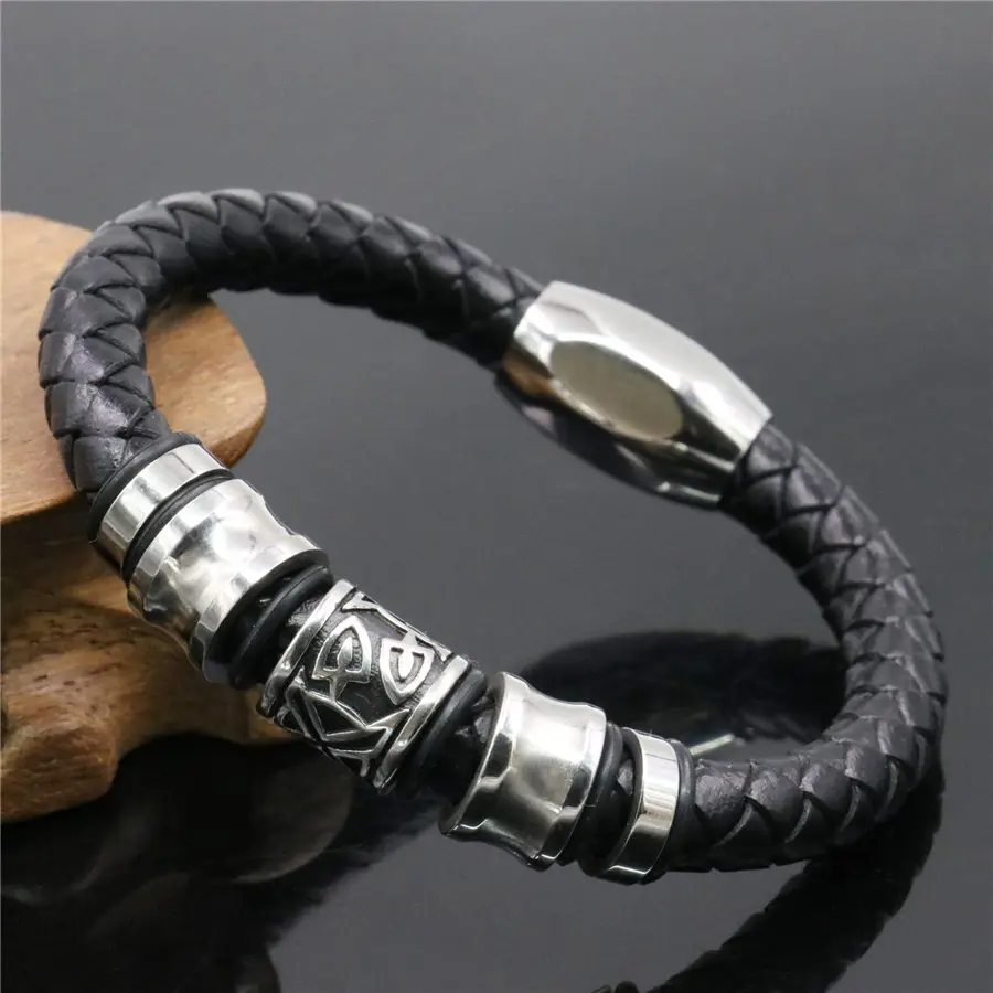 

Men's Punk Stainless Steel Genuine Leather Bracelet Symbol Norse Runes Viking Wristband Black Bangles Christmas Gifts Jewelry