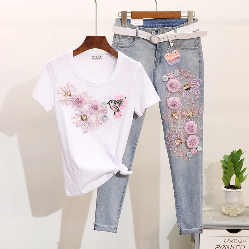 

Spring Women's New Sequins Embroidery Flowers Birds Cotton T Shirts + Vintage Jeans Two Piece Girl Students Denim Pants Suits