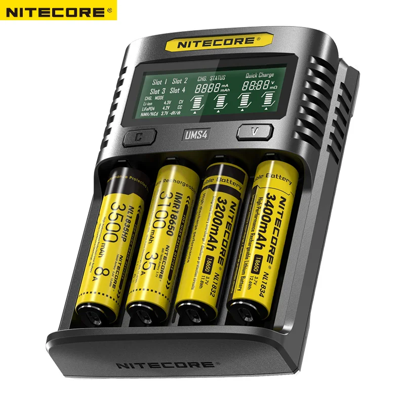 NITECORE UMS4 интеллектуальное четырехслотовое QC быстрое зарядное устройство 4A большой ток мульти-совместимое USB зарядное устройство