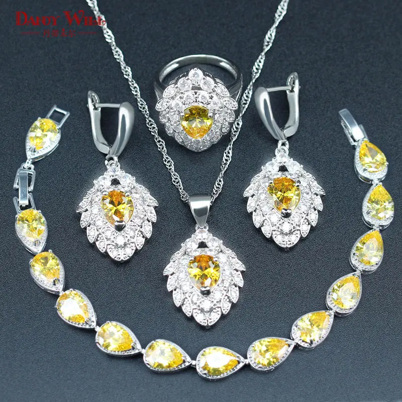 New Arrival 925 Silver White Crystal Yellow Zircon Jewelry Set For