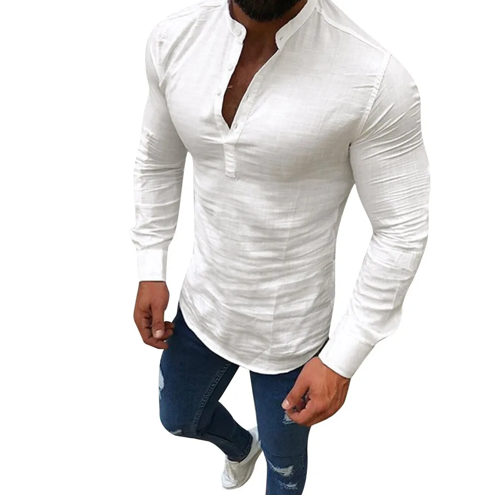 

Jaycosin shirt new fashion personality men's casual linen solid color half open shirt long sleeve outdoor street linen shirt