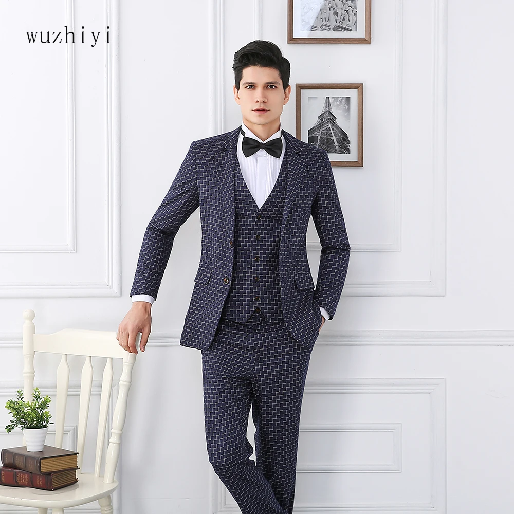 

wuzhiyi mens blue tuxedo blazer Three Pieces Men suit (jacket+pants+vest) costume homme mariage 2017 mens suits traje hombre