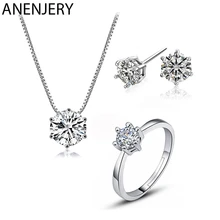 ANENJERY, классика, 925 пробы, серебро, ослепительное, 6 когтей, циркон, ожерелье+ серьги+ кольцо, ювелирные наборы для женщин, свадебные ювелирные изделия