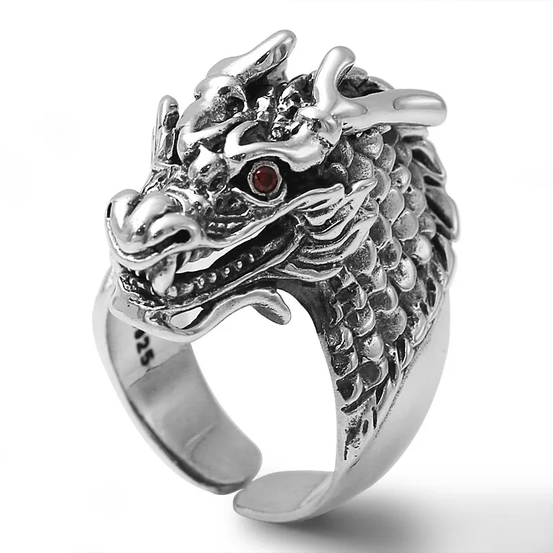 

925 Sterling Silver Retro Chinese Dragon Head Open Ring Men Thai Silver Animal Adjustable Finger Ring ZY288-11