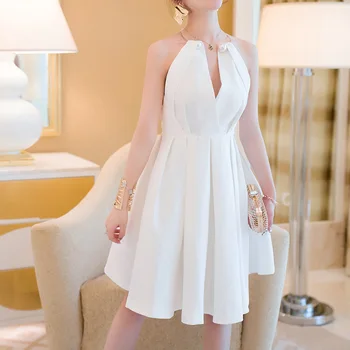 

White Party Dress Women 2019 Spring Summer New Halter Beading Solid Color Slim A-Line Short Princess Dress Knee Length S-XL