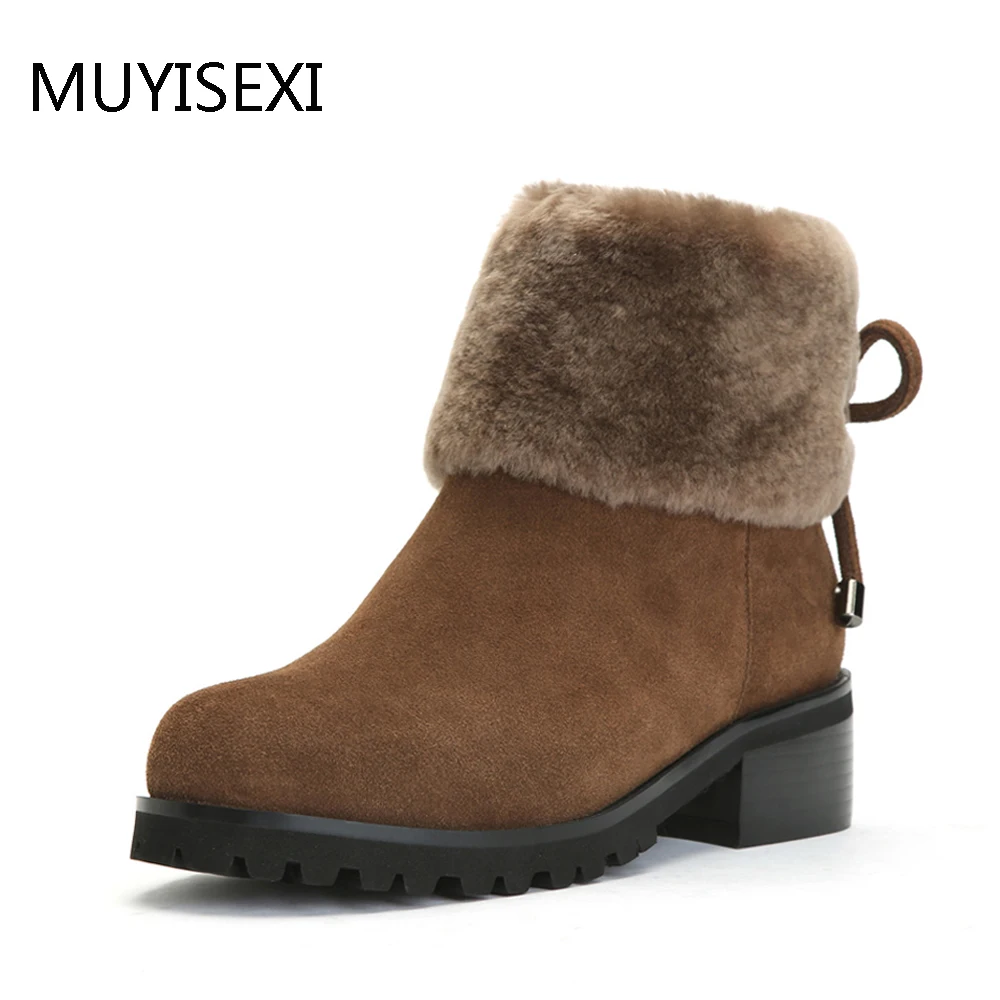 Winter Warm Wool Fur Boots Full Genuine Leather Boots Women Round Toe Low Thick Heel Shoes Brown Black KL05 MUYISEXI Winter Warm Wool Fur Boots Full Genuine Leather Boots Women Round Toe Low Thick Heel Shoes Brown Black KL05 MUYISEXI