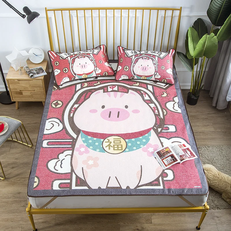 

2/3Pcs/set Mat Summer Sleeping Mat Single Double Cool Folding Peony Bed Cover Sleeping Flax Mat Mattress Cover Red pig Bedspread