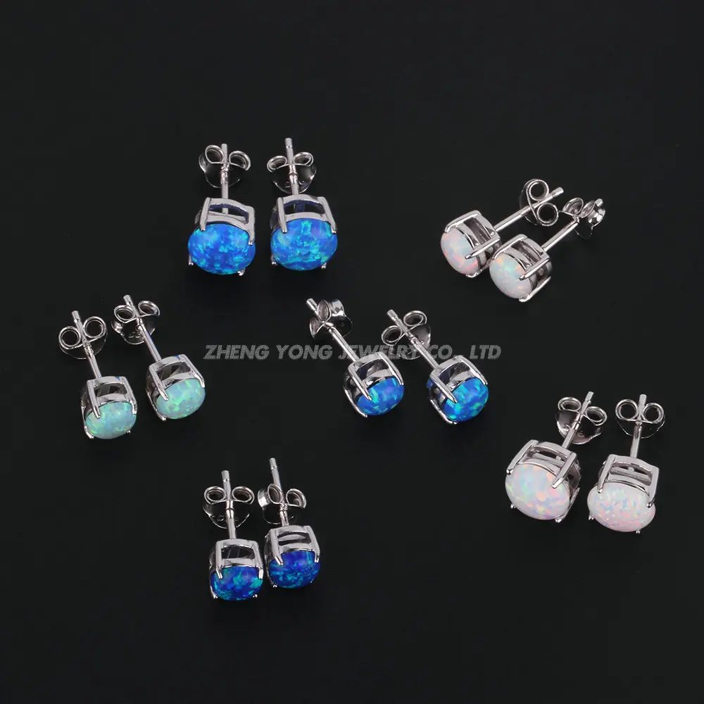 2024 Trendy 925 Silver Stud Earring 6mm Round Gemstone Opal Silver Ear Piercing