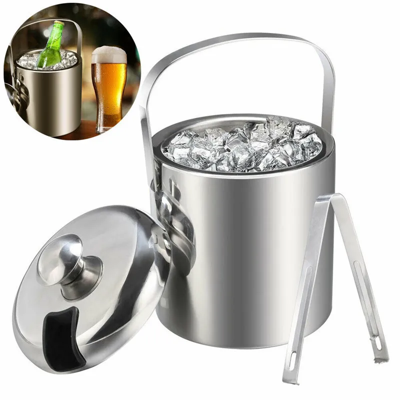 

Handle With Bucket Portable Steel Stainless Ice Bucket Insulated Double-layer With Lid and Tong Drink Wine Cooler Bar Party Tool