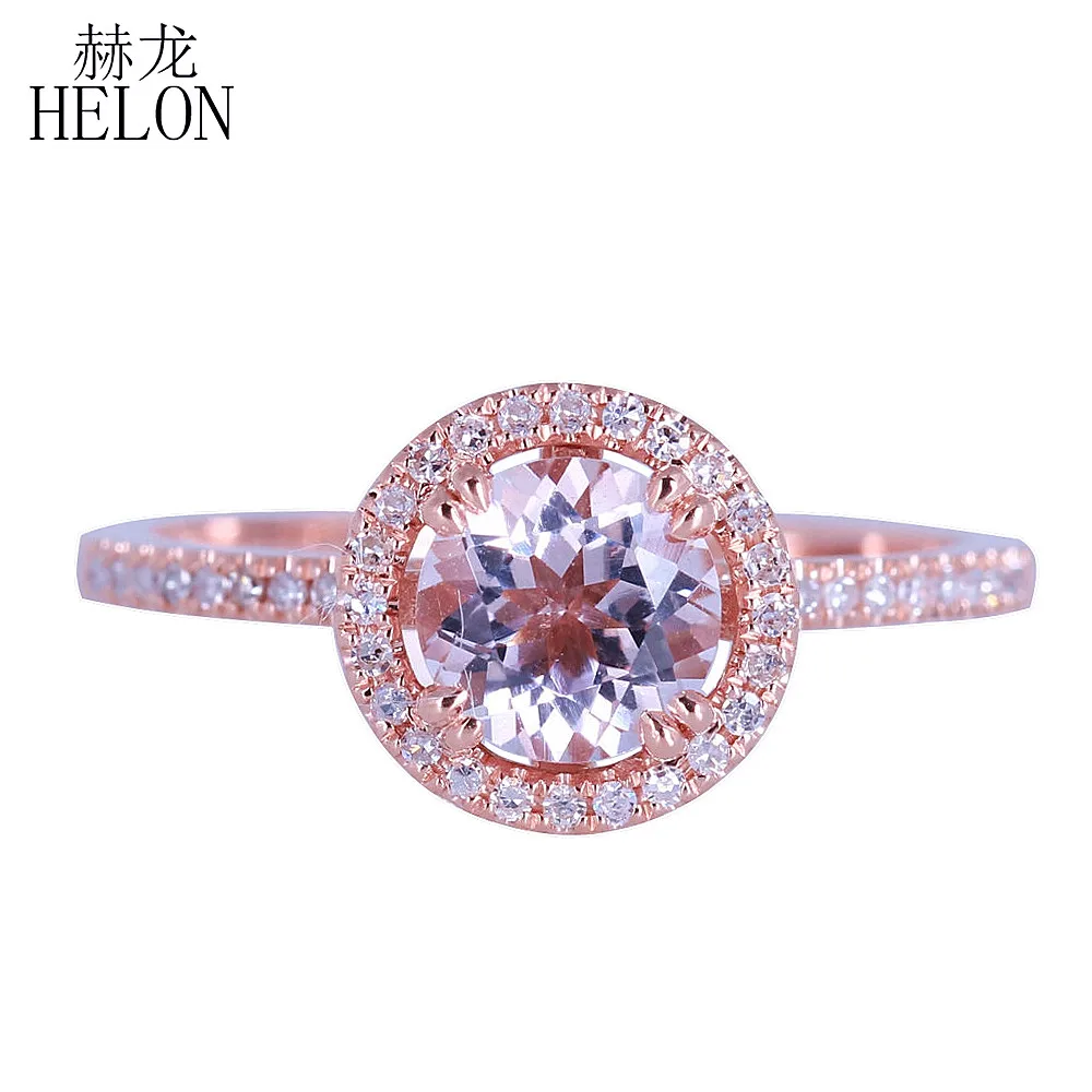

HELON Solid 10K Rose Gold 6.5mm Round Cut Genuine Pink Morganite Natural Diamonds Ring Diamonds Gemstone Engagement Ring Jewelry