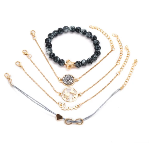 5PCS/Set Boho Crystal Stone Infinite Chain Bracelet Turtle Heart Earth Map Bead Charm Bracelets Multilayer Pendant Bracelet